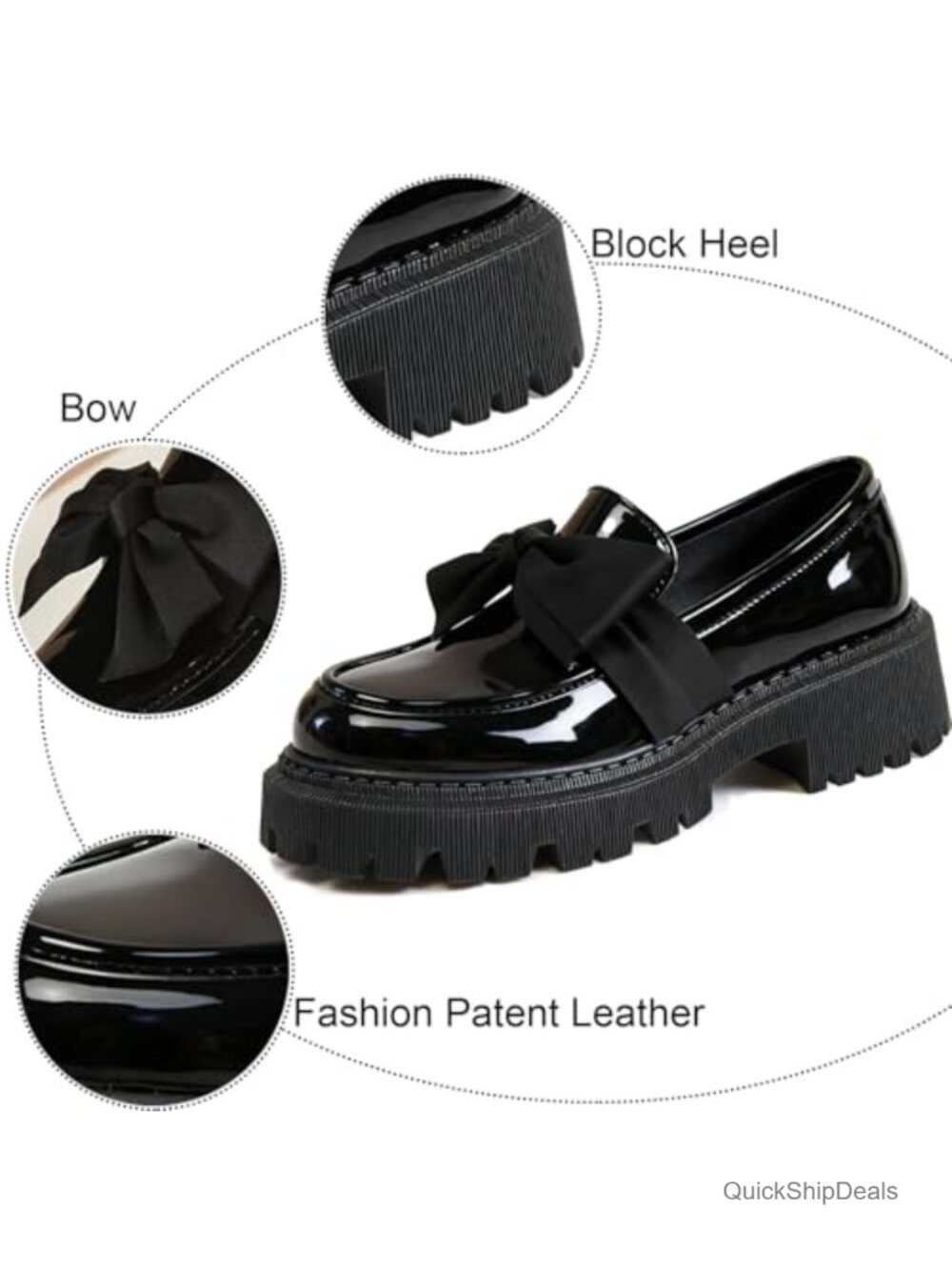 Patent Leather Bow Loafers for Women Chunky Heel Lug Sole Slip-On Dress Shoes - Picture 5 of 6